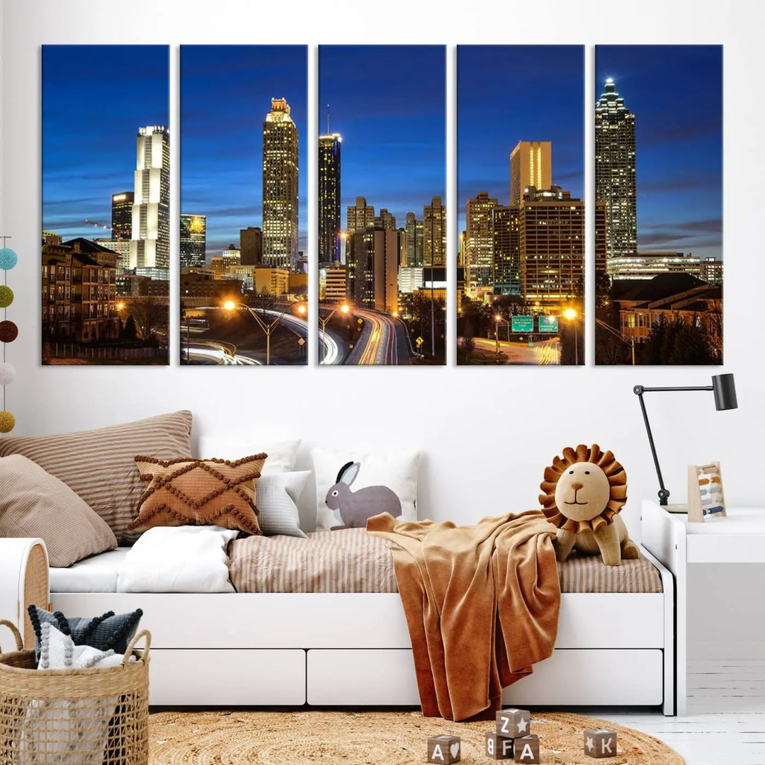 A modern living room is enhanced by the "Atlanta Cityscape View Wall Art Canvas Print" displayed as a triptych on museum-quality canvas. The hand-assembled framed art adds sophistication, crafting an inviting atmosphere. Complete your stylish space effortlessly with free shipping.