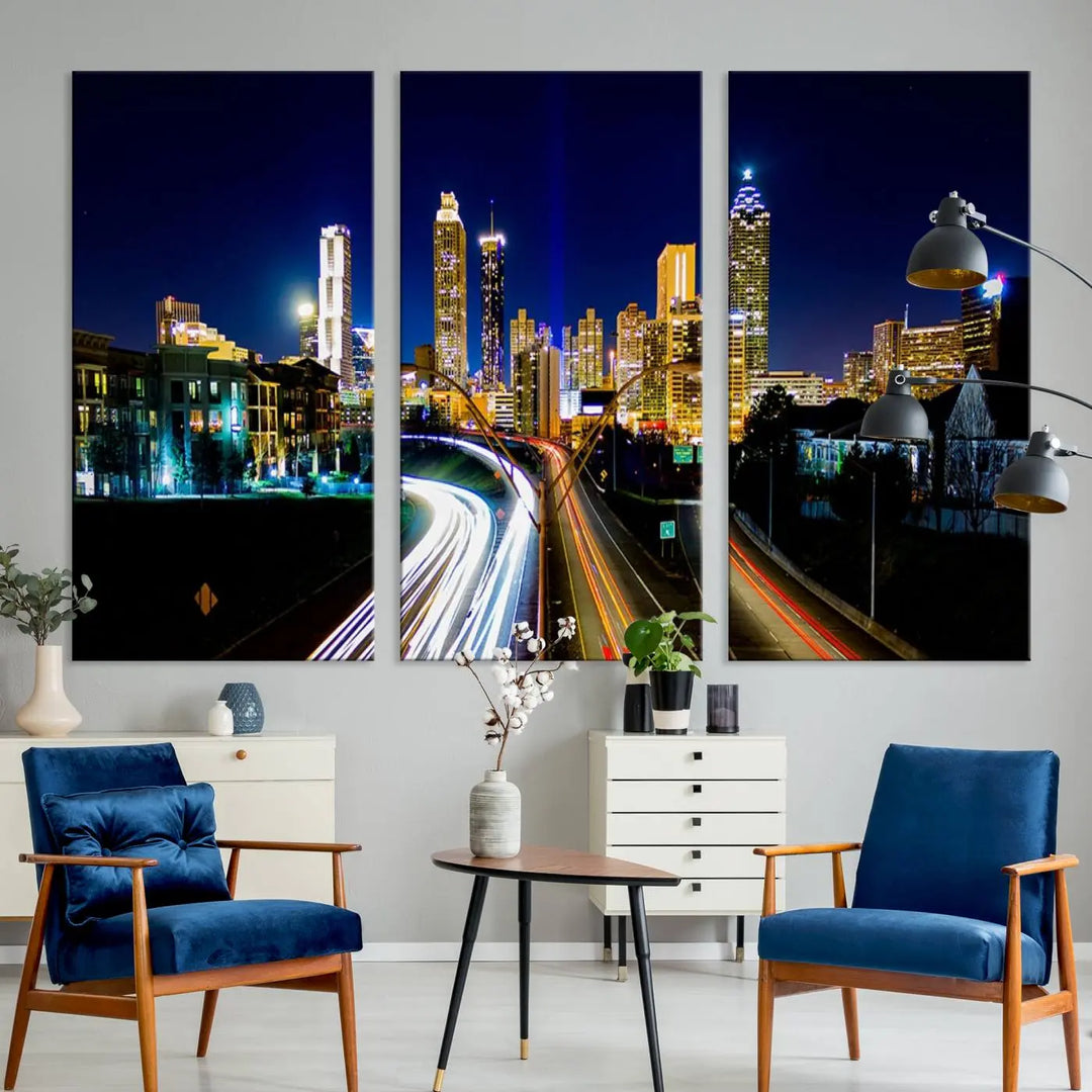 The "Atlanta Highways City View Wall Art Canvas Print" features a stunning triptych of a city skyline at night, crafted with museum-quality canvas. It comes ready to hang for an effortless addition to your decor.