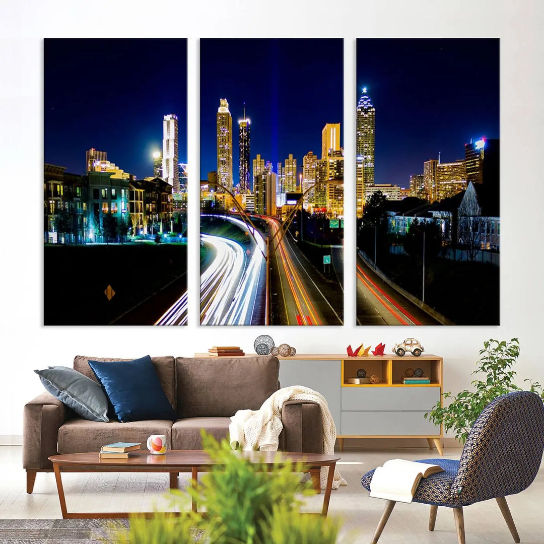 The "Atlanta Highways City View Wall Art Canvas Print" features a stunning triptych of a city skyline at night, crafted with museum-quality canvas. It comes ready to hang for an effortless addition to your decor.