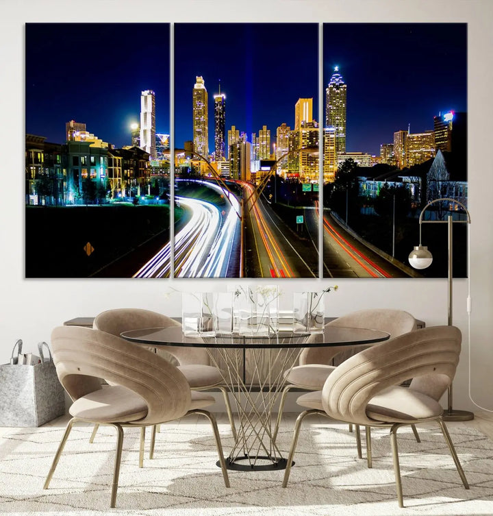 The "Atlanta Highways City View Wall Art Canvas Print" features a stunning triptych of a city skyline at night, crafted with museum-quality canvas. It comes ready to hang for an effortless addition to your decor.