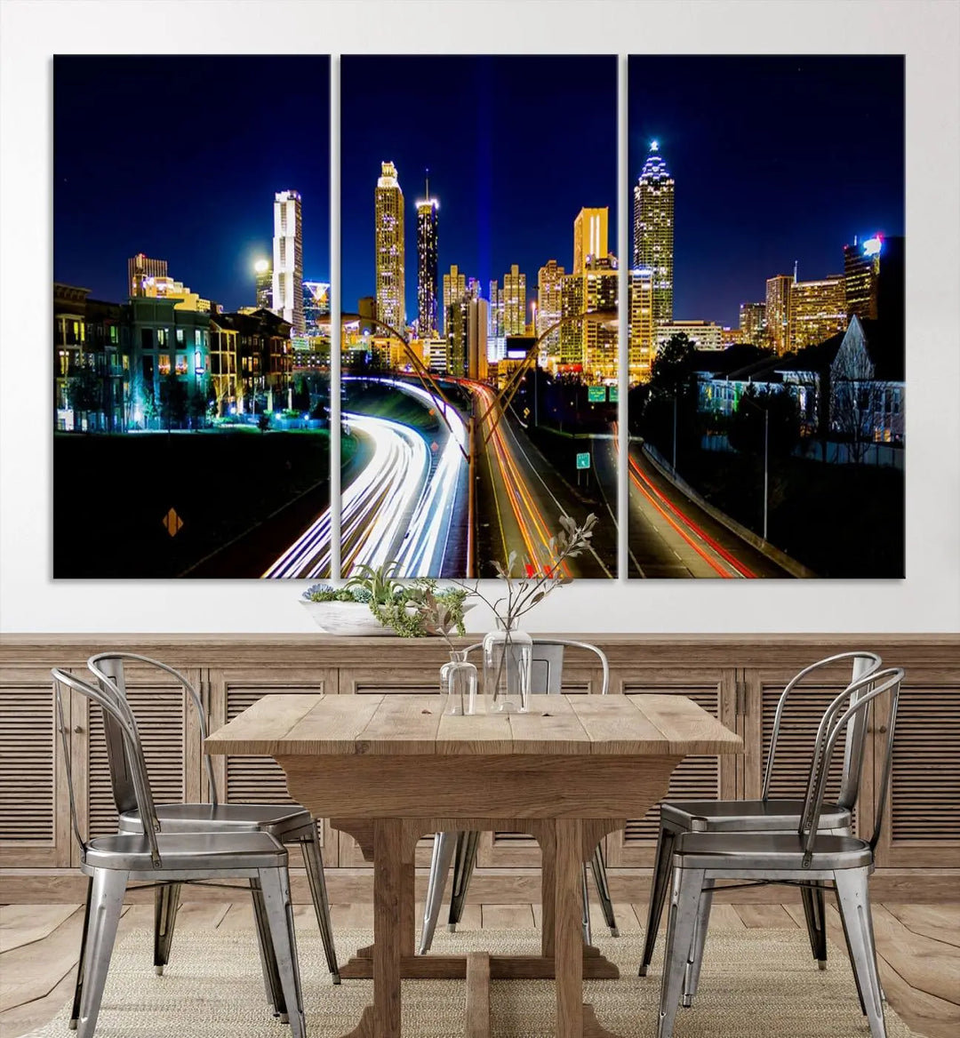 The "Atlanta Highways City View Wall Art Canvas Print" features a stunning triptych of a city skyline at night, crafted with museum-quality canvas. It comes ready to hang for an effortless addition to your decor.