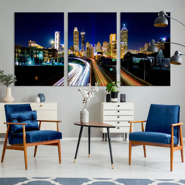 The "Atlanta Highways City View Wall Art Canvas Print" features a stunning triptych of a city skyline at night, crafted with museum-quality canvas. It comes ready to hang for an effortless addition to your decor.