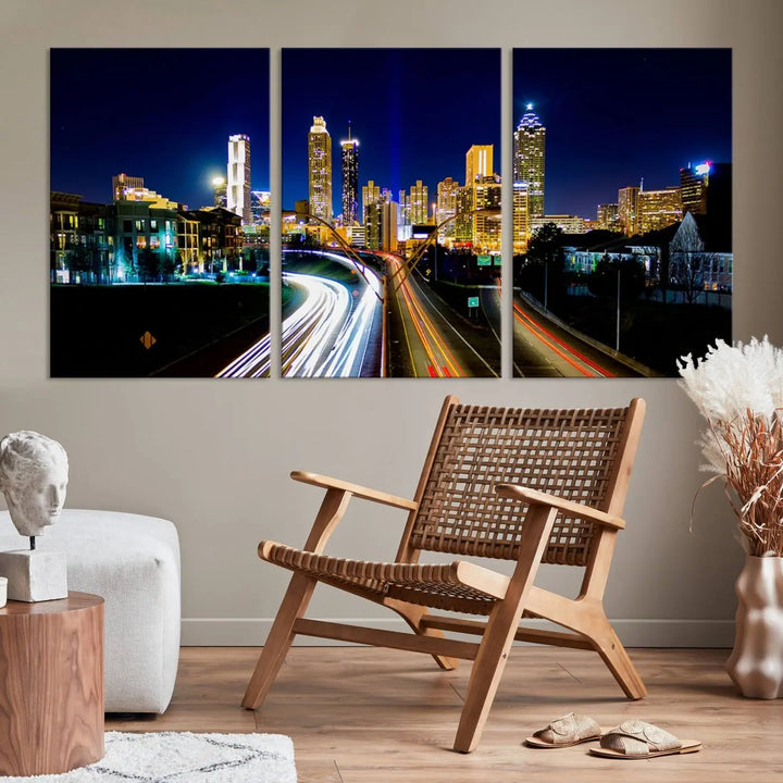 The "Atlanta Highways City View Wall Art Canvas Print" features a stunning triptych of a city skyline at night, crafted with museum-quality canvas. It comes ready to hang for an effortless addition to your decor.