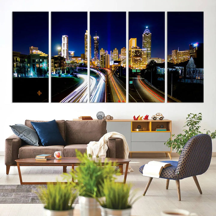 The "Atlanta Highways City View Wall Art Canvas Print" features a stunning triptych of a city skyline at night, crafted with museum-quality canvas. It comes ready to hang for an effortless addition to your decor.