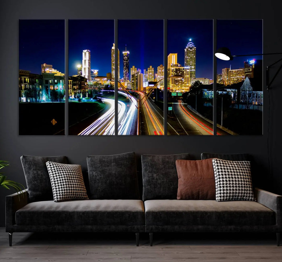 The "Atlanta Highways City View Wall Art Canvas Print" features a stunning triptych of a city skyline at night, crafted with museum-quality canvas. It comes ready to hang for an effortless addition to your decor.