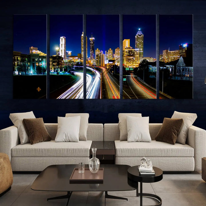 The "Atlanta Highways City View Wall Art Canvas Print" features a stunning triptych of a city skyline at night, crafted with museum-quality canvas. It comes ready to hang for an effortless addition to your decor.