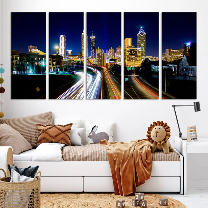 The "Atlanta Highways City View Wall Art Canvas Print" features a stunning triptych of a city skyline at night, crafted with museum-quality canvas. It comes ready to hang for an effortless addition to your decor.