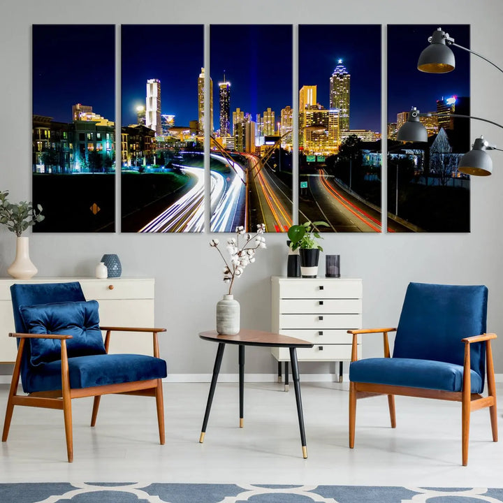 The "Atlanta Highways City View Wall Art Canvas Print" features a stunning triptych of a city skyline at night, crafted with museum-quality canvas. It comes ready to hang for an effortless addition to your decor.