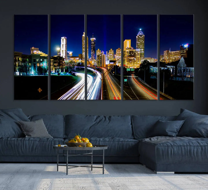 The "Atlanta Highways City View Wall Art Canvas Print" features a stunning triptych of a city skyline at night, crafted with museum-quality canvas. It comes ready to hang for an effortless addition to your decor.