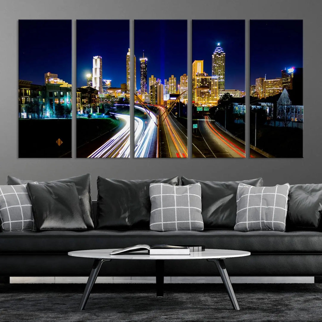 The "Atlanta Highways City View Wall Art Canvas Print" features a stunning triptych of a city skyline at night, crafted with museum-quality canvas. It comes ready to hang for an effortless addition to your decor.