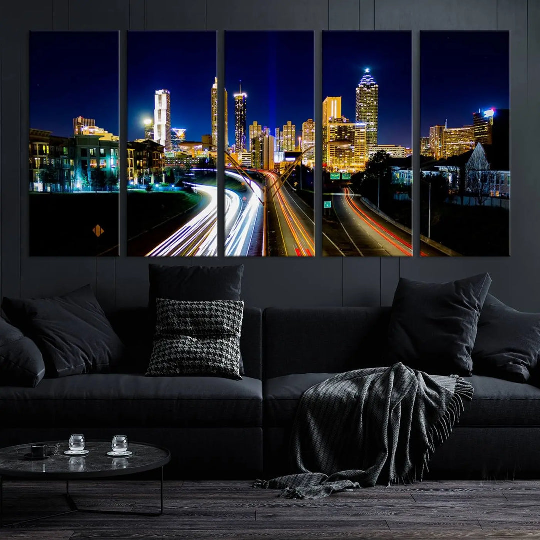 The "Atlanta Highways City View Wall Art Canvas Print" features a stunning triptych of a city skyline at night, crafted with museum-quality canvas. It comes ready to hang for an effortless addition to your decor.