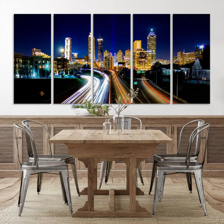 The "Atlanta Highways City View Wall Art Canvas Print" features a stunning triptych of a city skyline at night, crafted with museum-quality canvas. It comes ready to hang for an effortless addition to your decor.