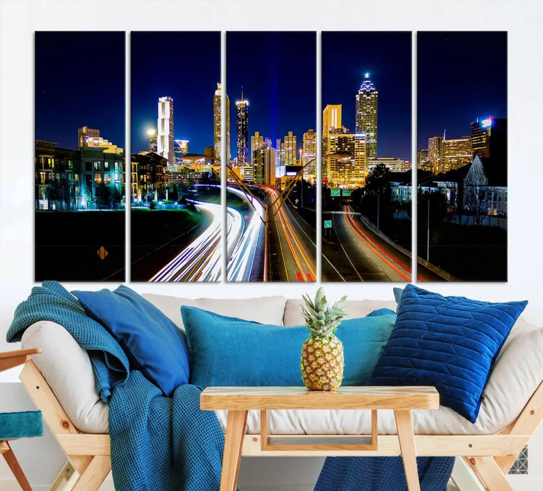 The "Atlanta Highways City View Wall Art Canvas Print" features a stunning triptych of a city skyline at night, crafted with museum-quality canvas. It comes ready to hang for an effortless addition to your decor.