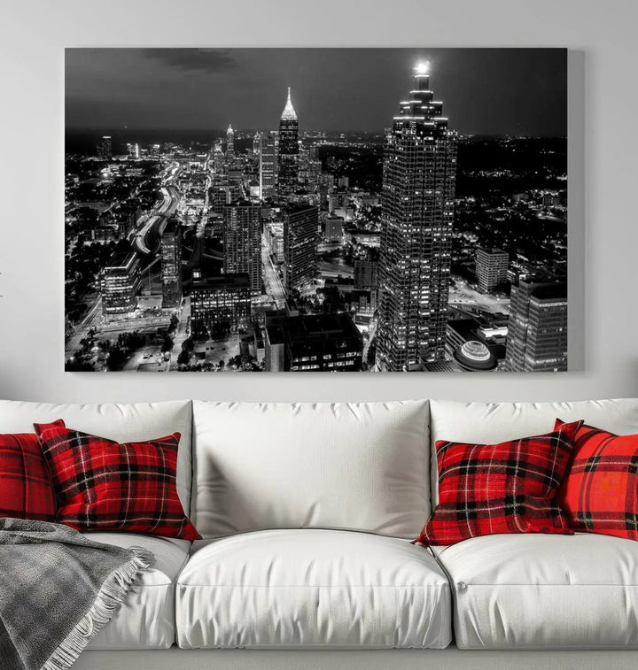 The "Atlanta Wall Art Black and White City Cityscape Canvas Picture Print" hangs prominently.