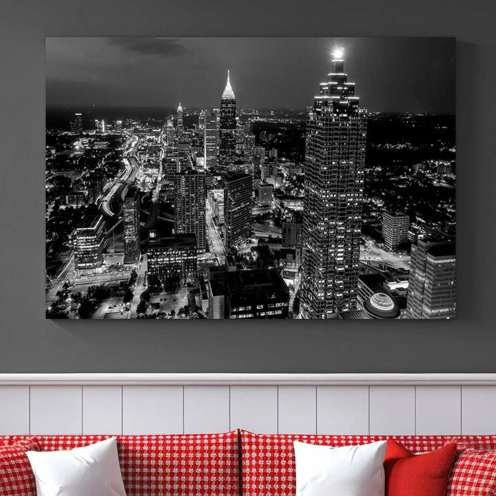 The "Atlanta Wall Art Black and White City Cityscape Canvas Picture Print" hangs prominently.