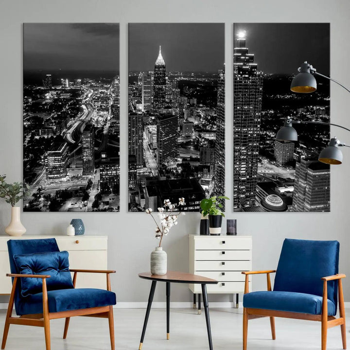 The "Atlanta Wall Art Black and White City Cityscape Canvas Picture Print" hangs prominently.