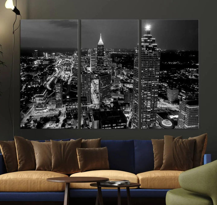 The "Atlanta Wall Art Black and White City Cityscape Canvas Picture Print" hangs prominently.