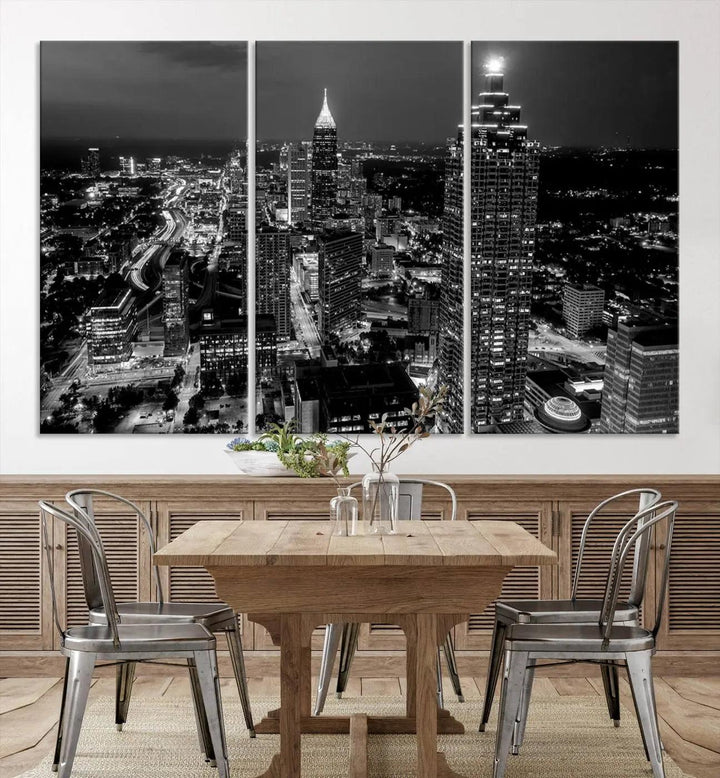 The "Atlanta Wall Art Black and White City Cityscape Canvas Picture Print" hangs prominently.