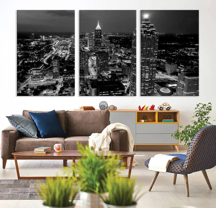 The "Atlanta Wall Art Black and White City Cityscape Canvas Picture Print" hangs prominently.