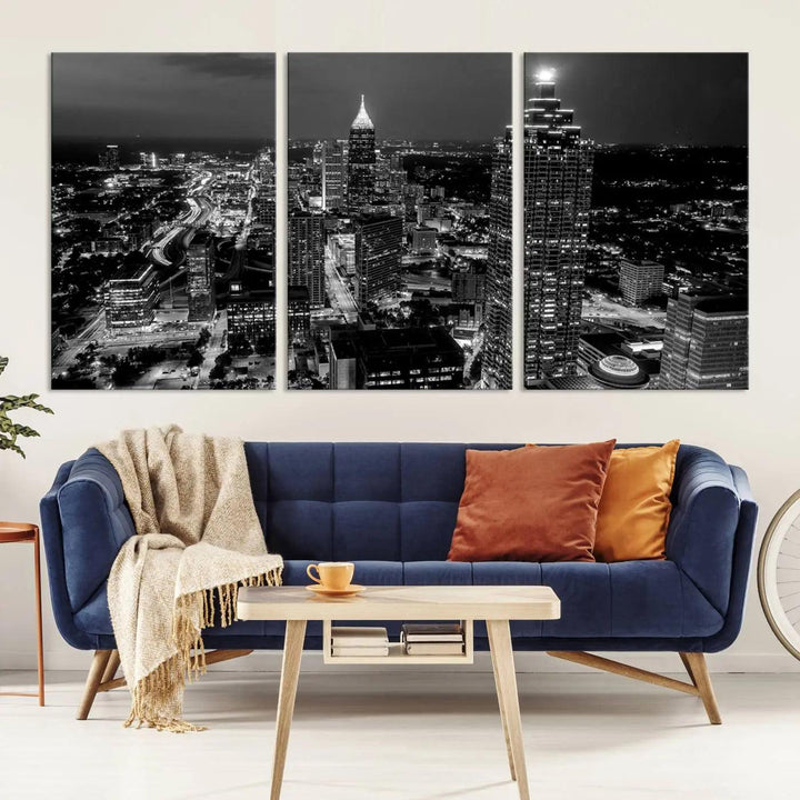 The "Atlanta Wall Art Black and White City Cityscape Canvas Picture Print" hangs prominently.