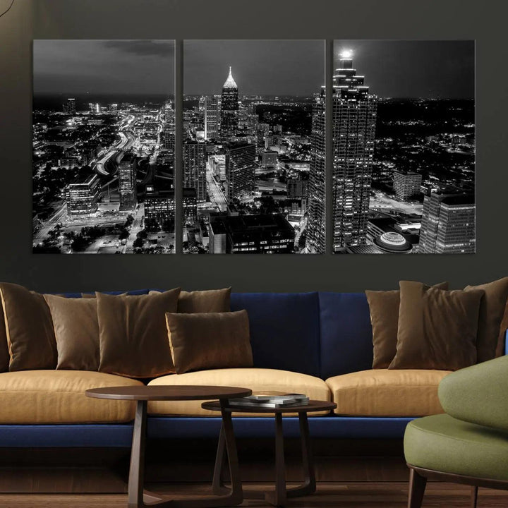 The "Atlanta Wall Art Black and White City Cityscape Canvas Picture Print" hangs prominently.