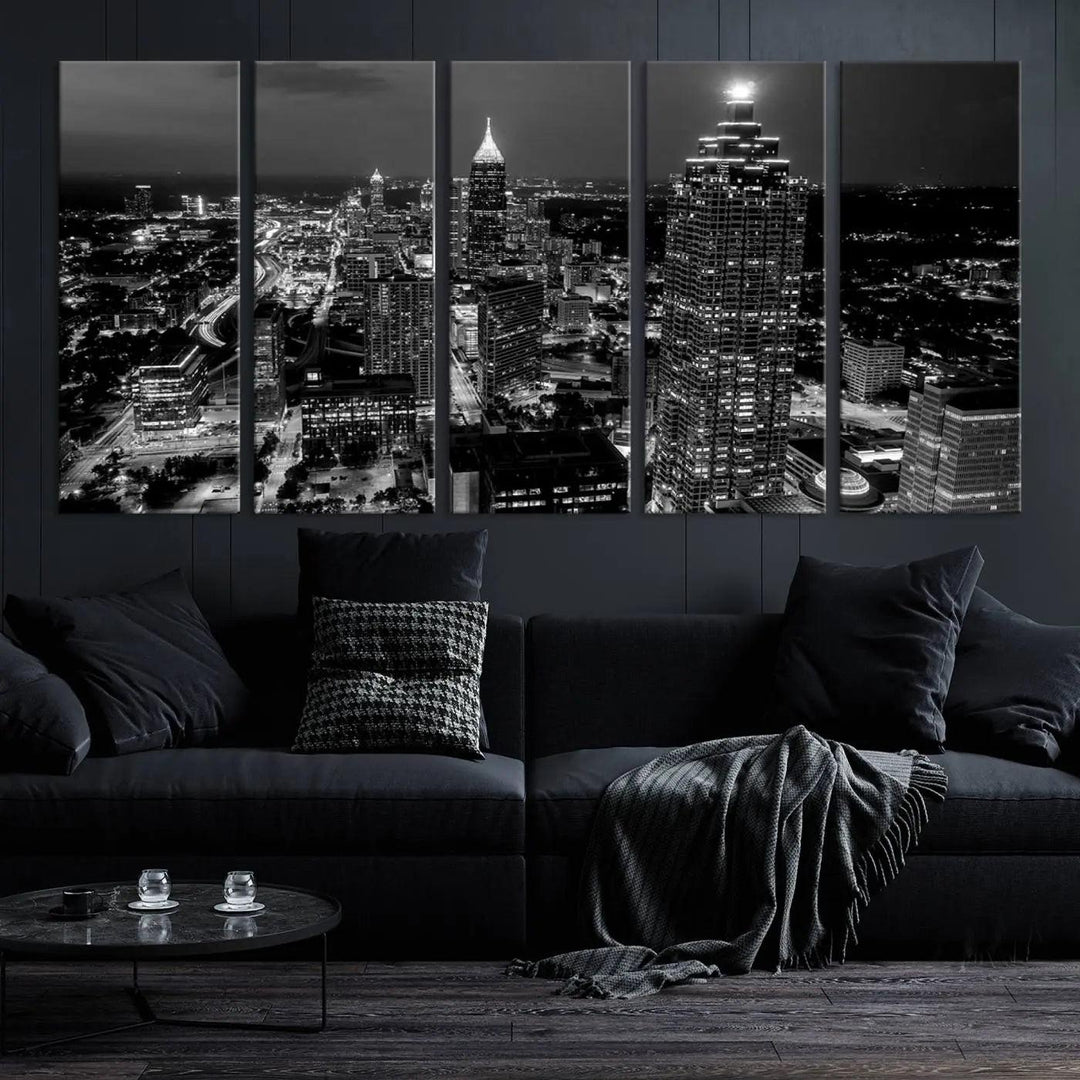 The "Atlanta Wall Art Black and White City Cityscape Canvas Picture Print" hangs prominently.