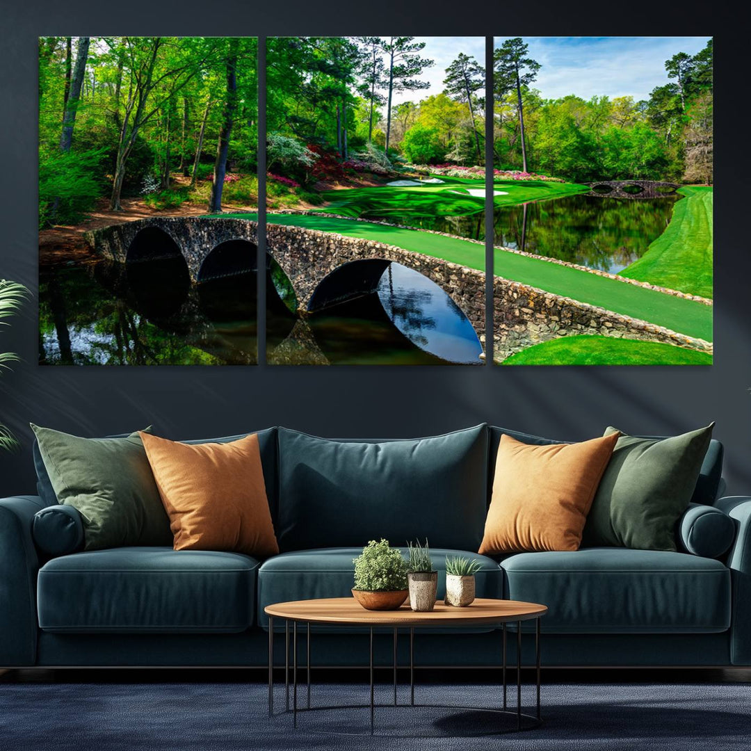 Augusta National Golf Club Wall Art - Panoramic Bridge & Lush Greenery – Premium Framed, Ready-to-Hang Triptych Canvas