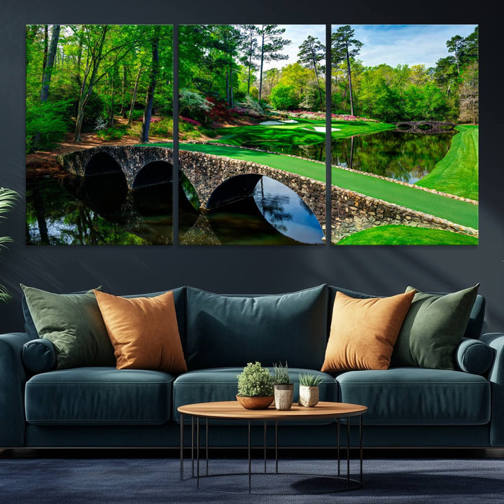 Augusta National Golf Club Wall Art - Panoramic Bridge & Lush Greenery – Premium Framed, Ready-to-Hang Triptych Canvas