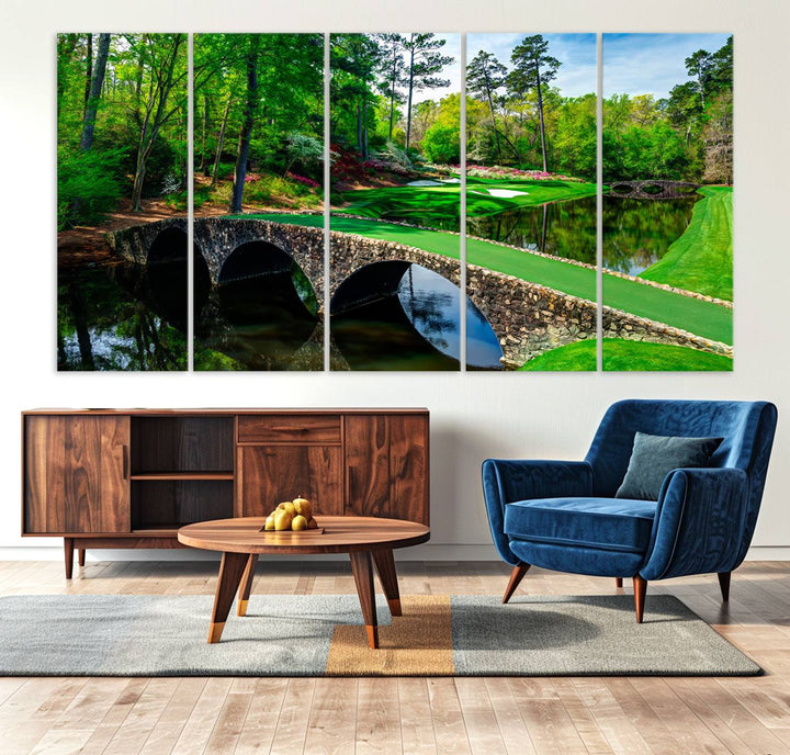 Augusta National Golf Club Wall Art - Panoramic Bridge & Lush Greenery – Premium Framed, Ready-to-Hang Triptych Canvas
