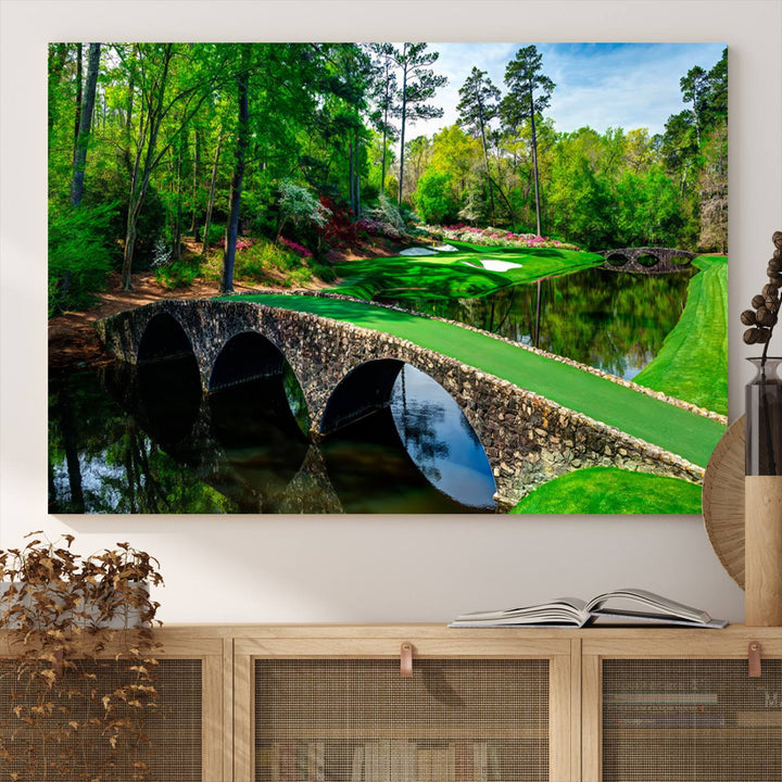 Augusta National Golf Club Wall Art - Panoramic Bridge & Lush Greenery – Premium Framed, Ready-to-Hang Triptych Canvas