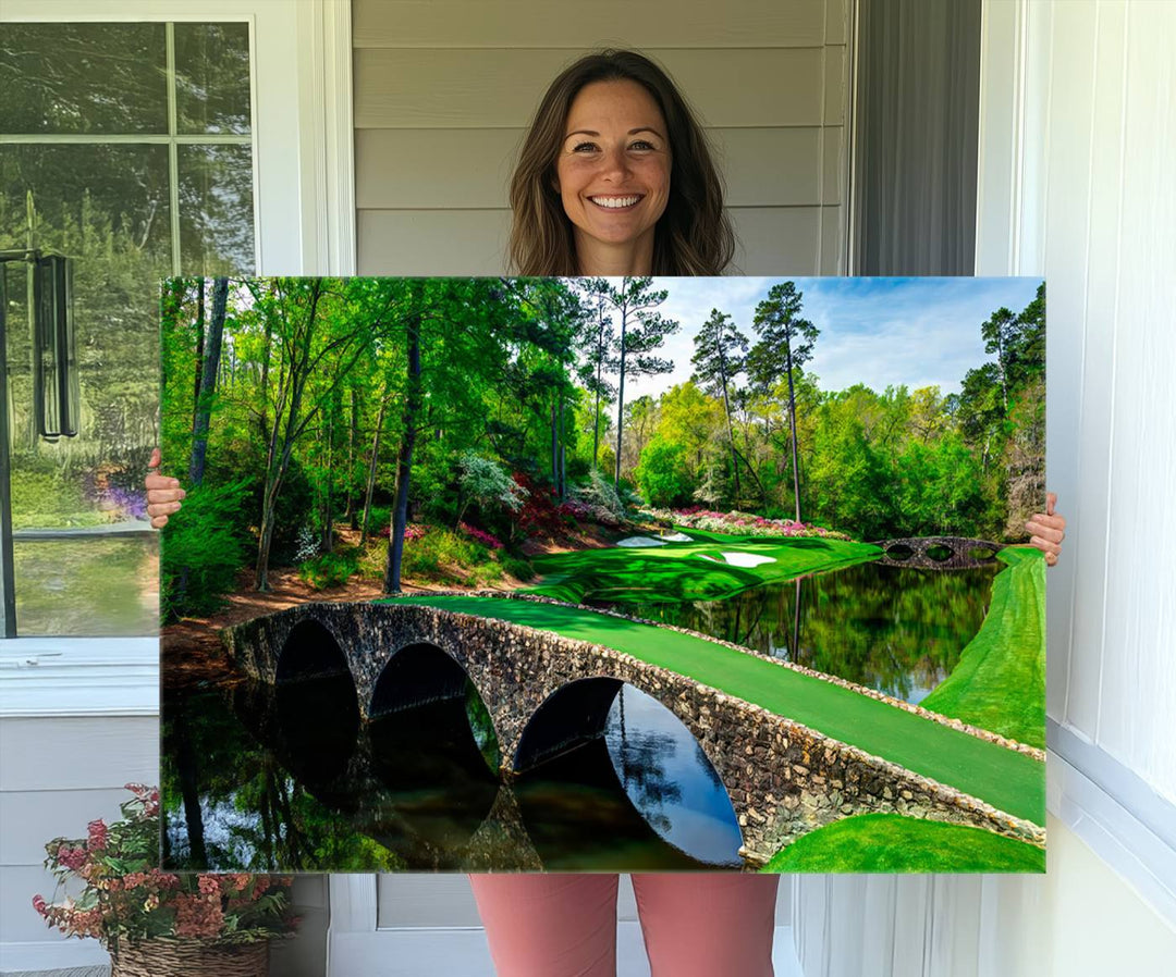 Augusta National Golf Club Wall Art - Panoramic Bridge & Lush Greenery – Premium Framed, Ready-to-Hang Triptych Canvas