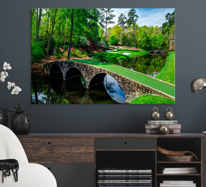 Augusta National Golf Club Wall Art - Panoramic Bridge & Lush Greenery – Premium Framed, Ready-to-Hang Triptych Canvas