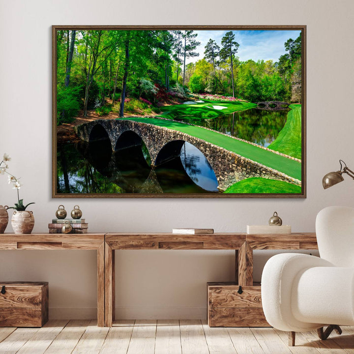 57655-MGV-FC-36X24_Walnut-Augusta National Golf Club Wall Art - Panoramic Bridge & Lush Greenery – Premium Framed, Ready-to-Hang Triptych Canvas