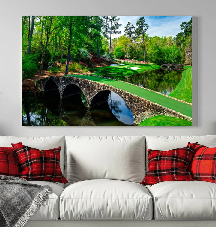 A living room tailored for a golf enthusiast showcases the Augusta National Golf Club Wall Art – Panoramic Bridge & Lush Greenery in a premium framed, ready-to-hang triptych canvas.