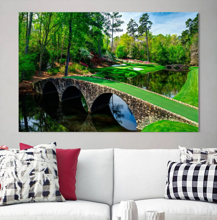 A living room tailored for a golf enthusiast showcases the Augusta National Golf Club Wall Art – Panoramic Bridge & Lush Greenery in a premium framed, ready-to-hang triptych canvas.