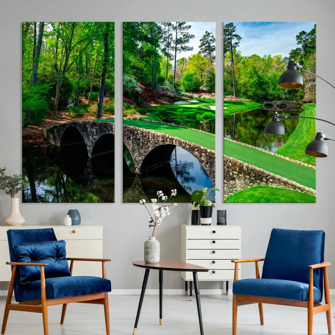 A living room tailored for a golf enthusiast showcases the Augusta National Golf Club Wall Art – Panoramic Bridge & Lush Greenery in a premium framed, ready-to-hang triptych canvas.