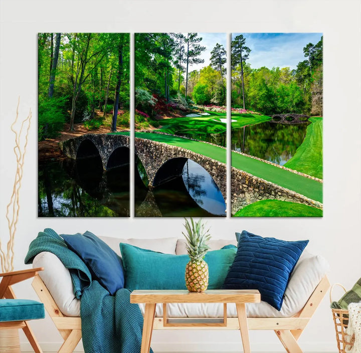 A living room tailored for a golf enthusiast showcases the Augusta National Golf Club Wall Art – Panoramic Bridge & Lush Greenery in a premium framed, ready-to-hang triptych canvas.