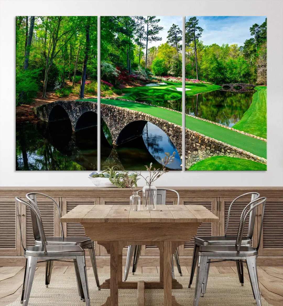 A living room tailored for a golf enthusiast showcases the Augusta National Golf Club Wall Art – Panoramic Bridge & Lush Greenery in a premium framed, ready-to-hang triptych canvas.