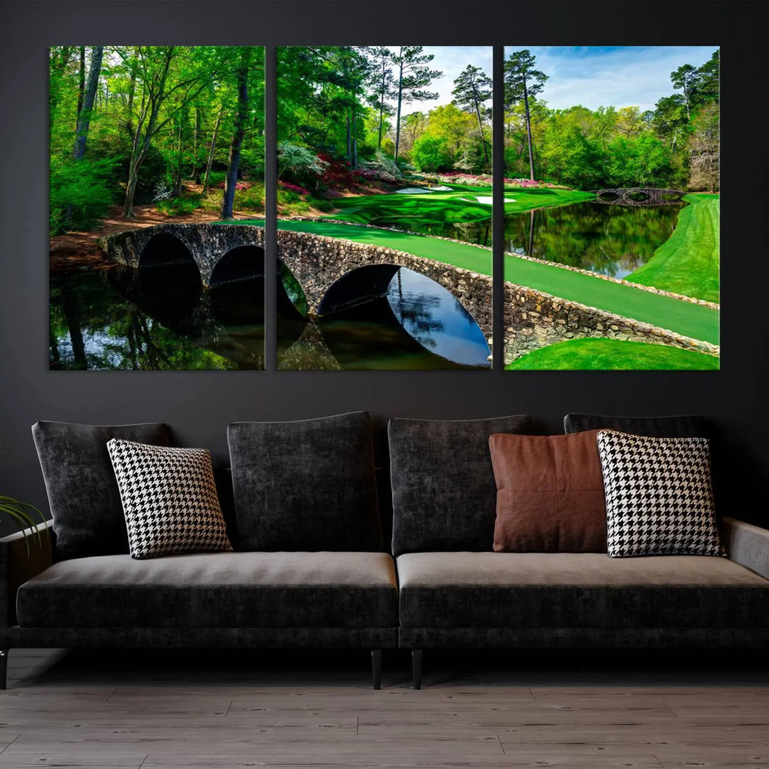 A living room tailored for a golf enthusiast showcases the Augusta National Golf Club Wall Art – Panoramic Bridge & Lush Greenery in a premium framed, ready-to-hang triptych canvas.