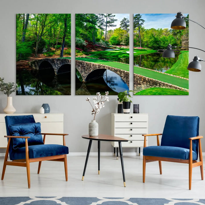 A living room tailored for a golf enthusiast showcases the Augusta National Golf Club Wall Art – Panoramic Bridge & Lush Greenery in a premium framed, ready-to-hang triptych canvas.