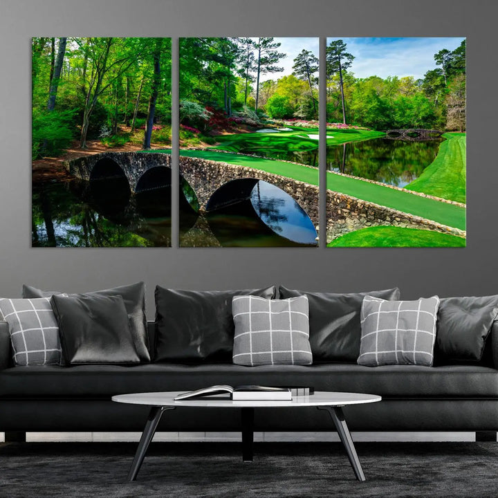 A living room tailored for a golf enthusiast showcases the Augusta National Golf Club Wall Art – Panoramic Bridge & Lush Greenery in a premium framed, ready-to-hang triptych canvas.