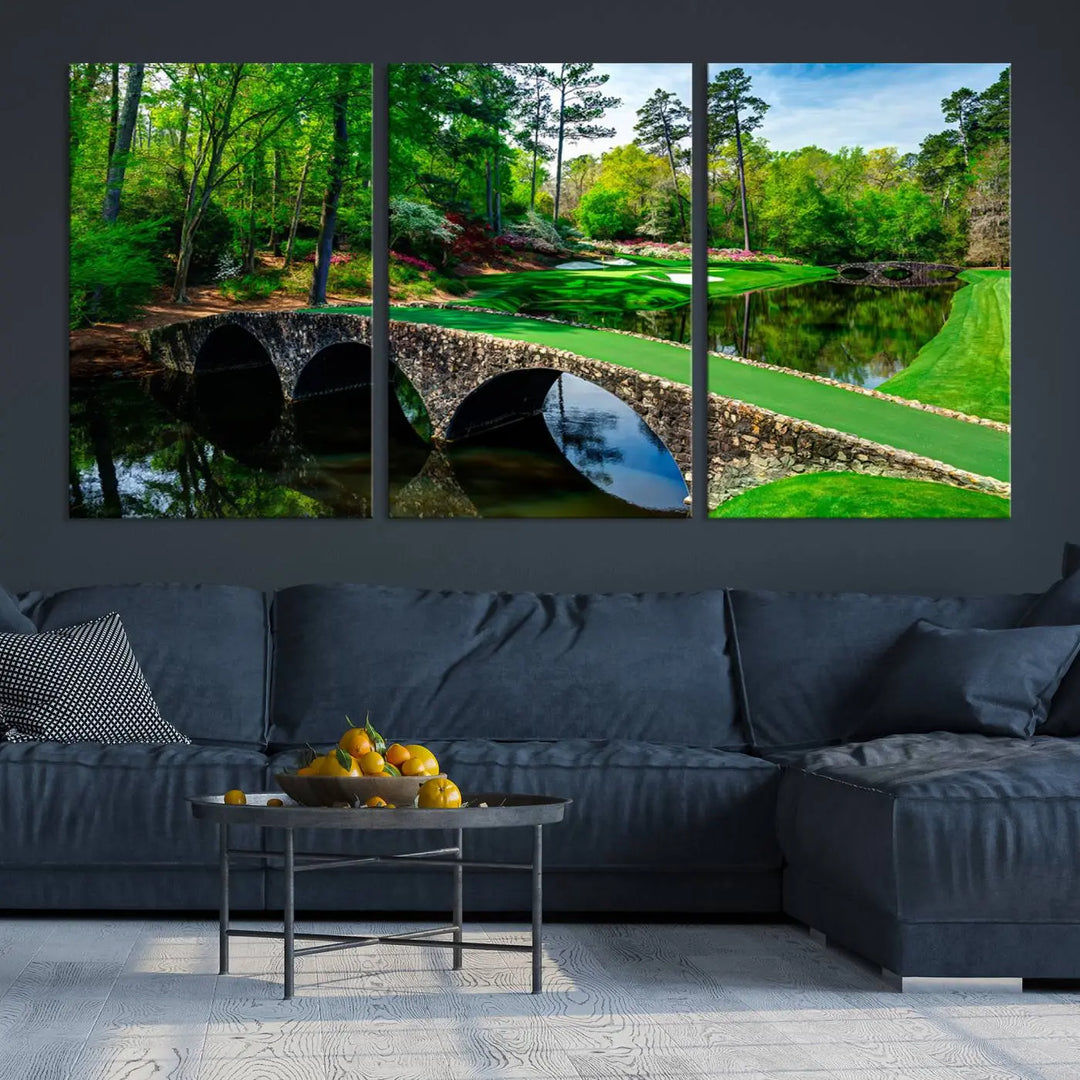 A living room tailored for a golf enthusiast showcases the Augusta National Golf Club Wall Art – Panoramic Bridge & Lush Greenery in a premium framed, ready-to-hang triptych canvas.