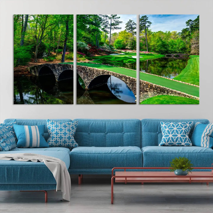 A living room tailored for a golf enthusiast showcases the Augusta National Golf Club Wall Art – Panoramic Bridge & Lush Greenery in a premium framed, ready-to-hang triptych canvas.