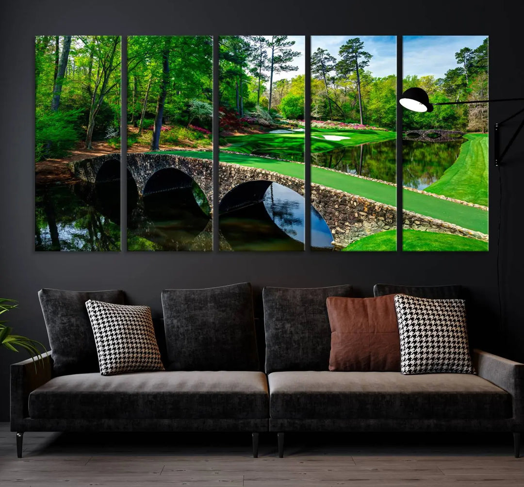 A living room tailored for a golf enthusiast showcases the Augusta National Golf Club Wall Art – Panoramic Bridge & Lush Greenery in a premium framed, ready-to-hang triptych canvas.