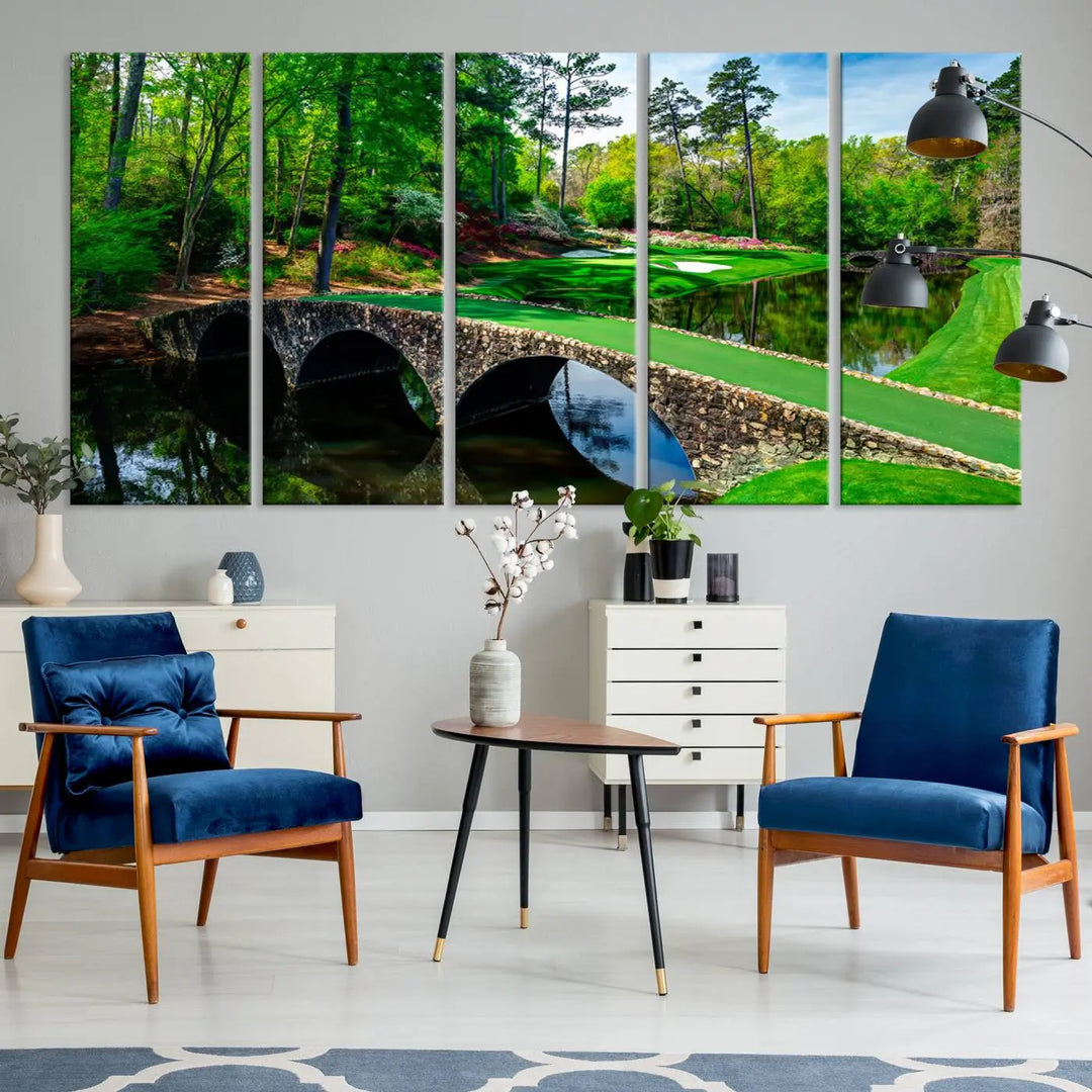 A living room tailored for a golf enthusiast showcases the Augusta National Golf Club Wall Art – Panoramic Bridge & Lush Greenery in a premium framed, ready-to-hang triptych canvas.