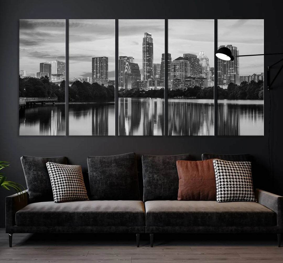 The wall in this modern living room features an "Austin City Cloudy Skyline Black and White Wall Art Cityscape Canvas Print," offering a museum-quality depiction.