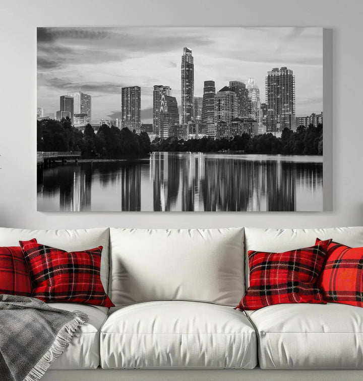 The wall in this modern living room features an "Austin City Cloudy Skyline Black and White Wall Art Cityscape Canvas Print," offering a museum-quality depiction.