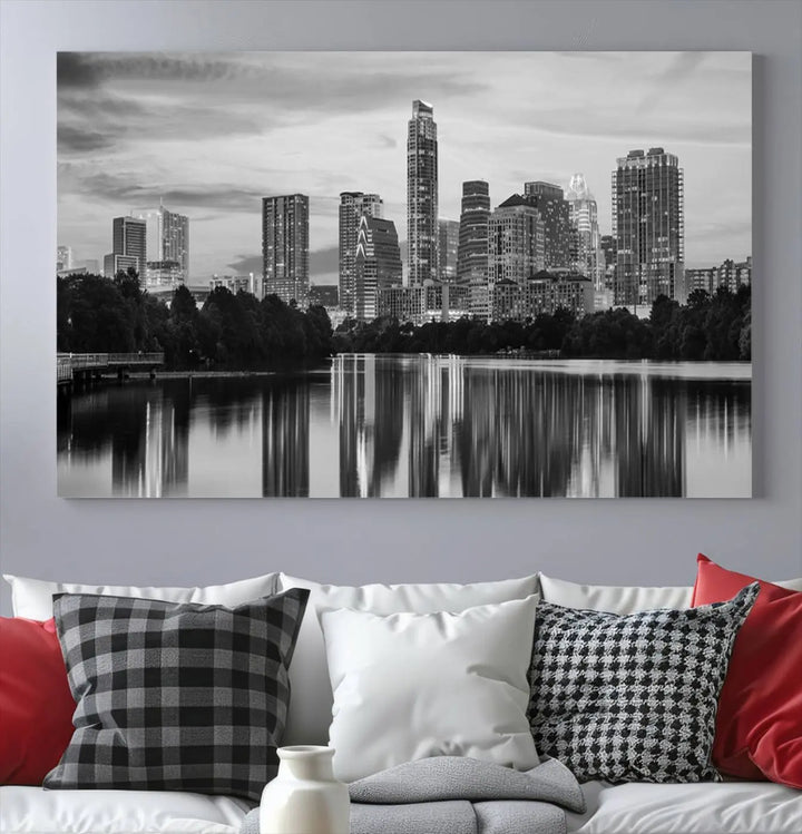 The wall in this modern living room features an "Austin City Cloudy Skyline Black and White Wall Art Cityscape Canvas Print," offering a museum-quality depiction.