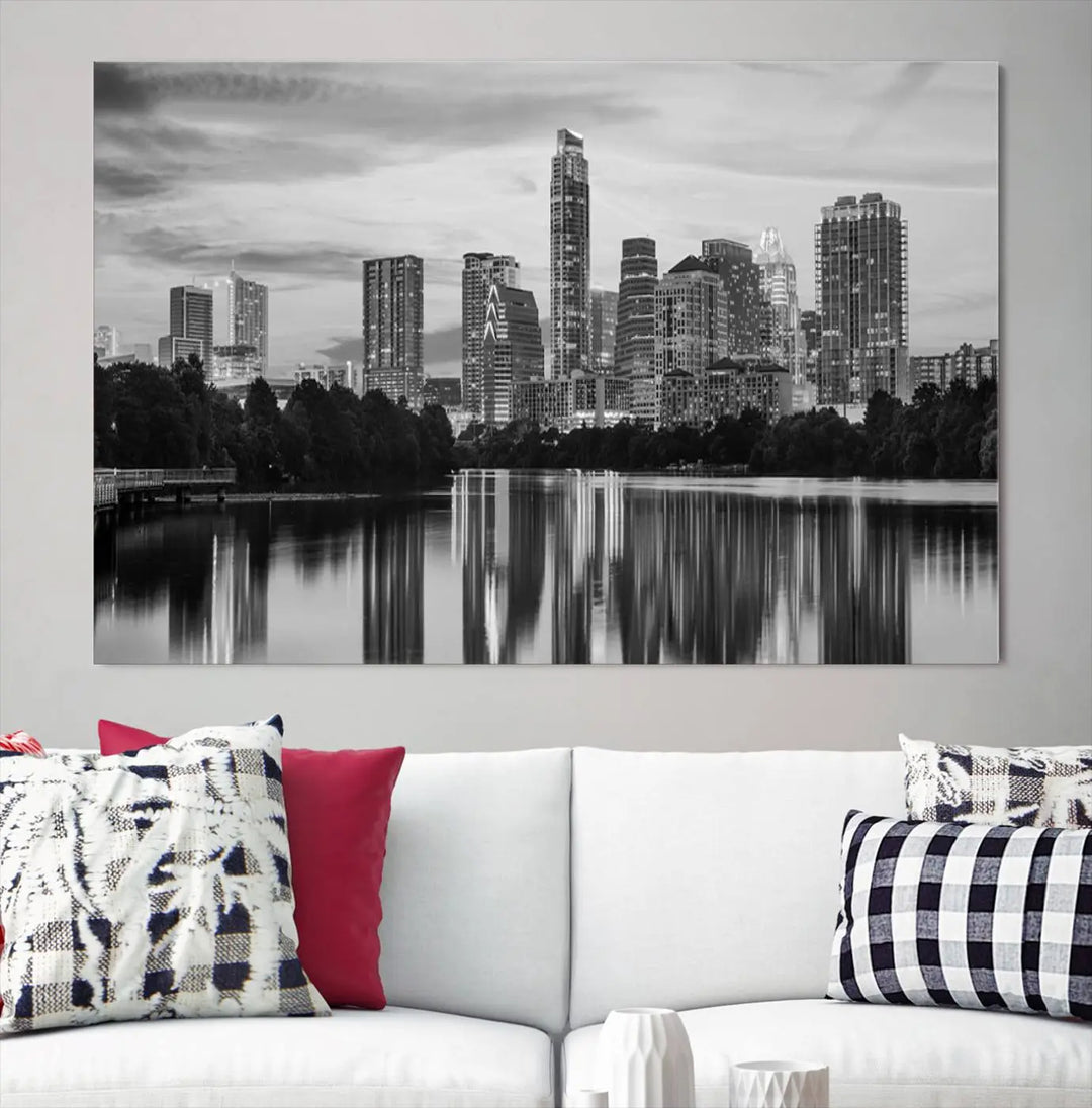 The wall in this modern living room features an "Austin City Cloudy Skyline Black and White Wall Art Cityscape Canvas Print," offering a museum-quality depiction.