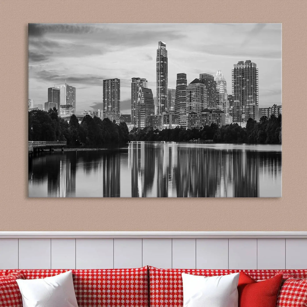 The wall in this modern living room features an "Austin City Cloudy Skyline Black and White Wall Art Cityscape Canvas Print," offering a museum-quality depiction.